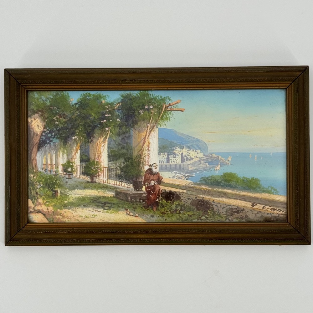 Antique Gouache Painting Pozzuoli, Italy Coastline View Signed M. Gianni 13”x8”